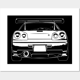 White Skyline GTR R34 Back View Sketch Art Posters and Art